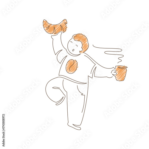 Man dancing while holding a croissant and steaming coffee cup. Joyful expression and dynamic pose convey playful energy, morning happiness and carefree breakfast moment. Line art vector illustration