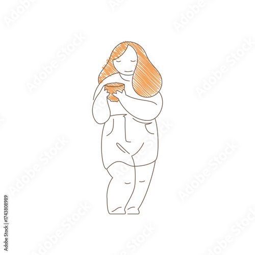 Woman standing and drinking coffee with both hands near mouth. Calm satisfied expression and elegant posture convey peaceful cafe moment and warm beverage enjoyment. Line art vector illustration