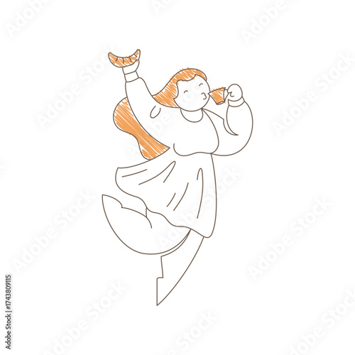 Woman dancing while holding a coffee cup and croissant. Blissful expression with closed eyes conveys carefree joy, cafe happiness and spontaneous delightful movement. Line art vector illustration