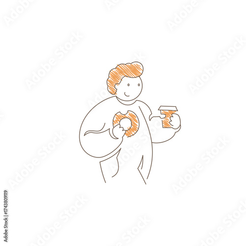 Man holding a coffee cup and donut with happy smile. Relaxed posture and simple lines convey cheerful indulgence, sweet treat enjoyment and cozy cafe moment. Line art vector illustration