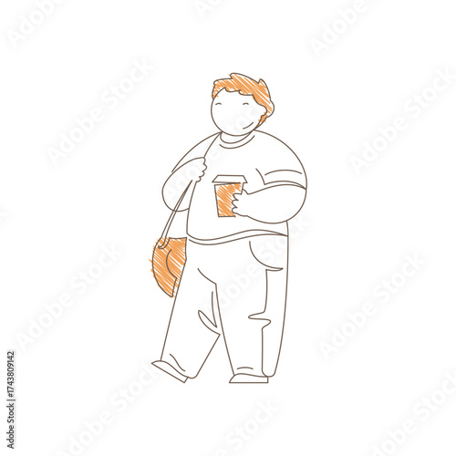 Man in loose clothing holding a coffee cup with shoulder bag. Content smiling expression conveys casual urban style, relaxed comfort and everyday coffee break moment. Line art vector illustration