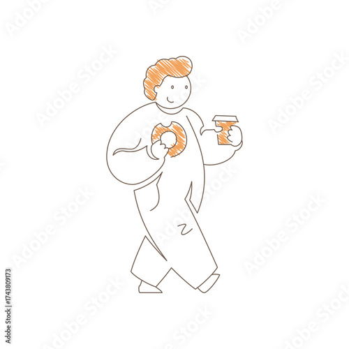 Man walking with a donut and takeaway coffee cup. Casual stride and relaxed expression convey quick snack run, urban convenience and simple coffee break moment. Line art vector illustration