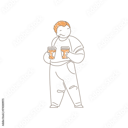 Man holding two takeaway coffee cups while standing. Calm satisfied expression conveys urban coffee run, dual order pickup and casual beverage moment. Line art vector illustration