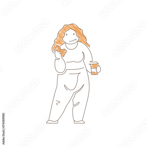 Woman walking with a sandwich and takeaway coffee cup. Dynamic stride and happy expression convey casual meal on the go, urban snack time and coffee enjoyment moment. Line art vector illustration