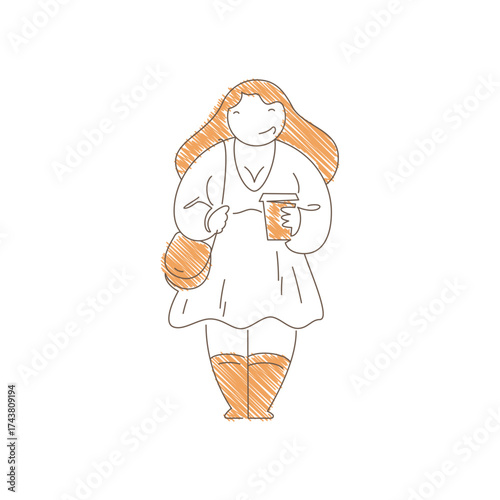 Woman holding takeaway coffee and handbag while walking. Cheerful expression and dynamic stride convey urban energy, modern lifestyle and casual coffee run moment. Line art vector illustration