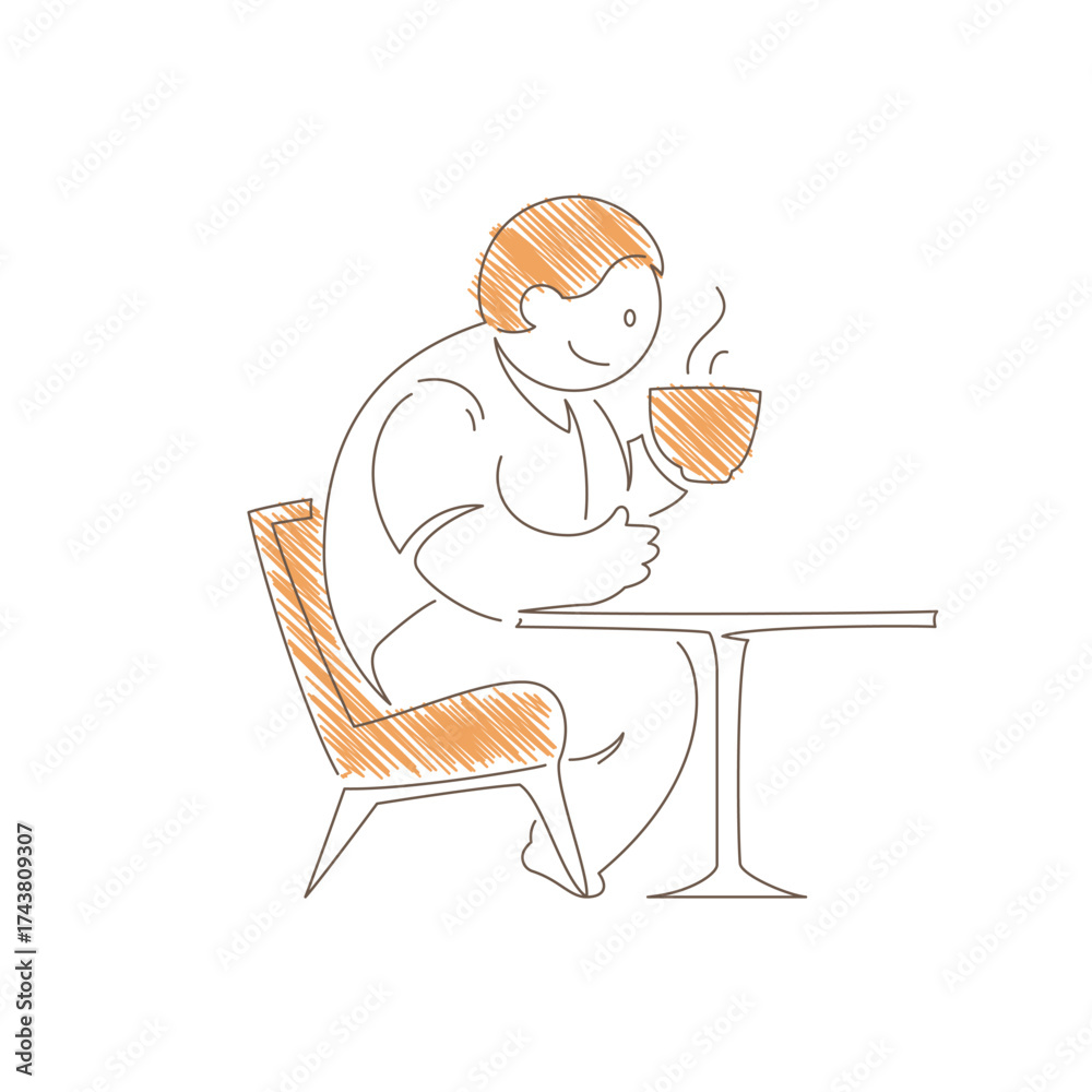 Fototapeta premium Man sitting at a small table with a steaming coffee cup. Relaxed leaning posture and content expression convey cozy cafe atmosphere, peaceful break and simple beverage moment. Line art illustration