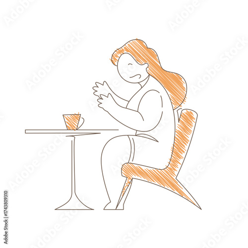 Woman sitting at a table drinking steaming coffee. Relaxed forward posture and content expression convey peaceful cafe moment, simple relaxation and warm beverage enjoyment. Line art illustration