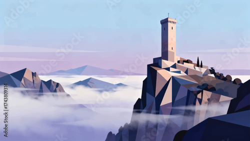 Illustration Of Guaita Tower On A Rock Cliff With Morning Mist Covering The Mountains Vector Design Template