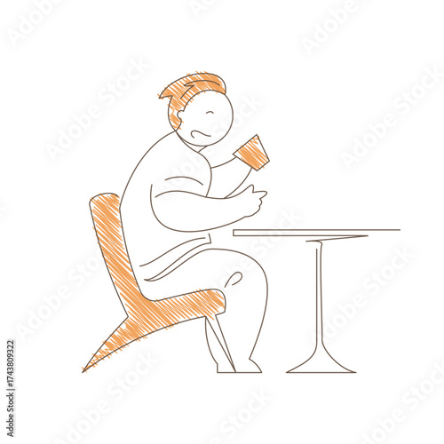 Man sitting at a table drinking steaming coffee. Relaxed forward lean and satisfied expression convey peaceful cafe break, simple pleasure and warm beverage moment. Line art vector illustration