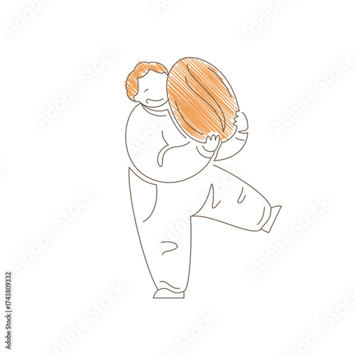 Man holding a giant coffee bean in a standing pose. Joyful smiling expression and raised leg convey coffee appreciation, quality symbol and cheerful beverage moment. Line art vector illustration
