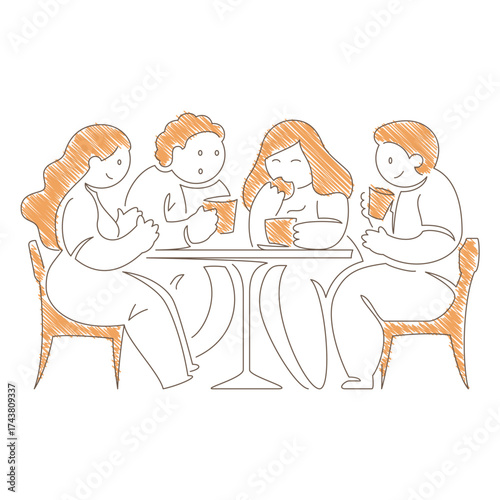 Four people sitting at a table with steaming coffee cups. Varied expressions and interactive poses convey friendly gathering, social cafe atmosphere and group conversation moment Line art illustration