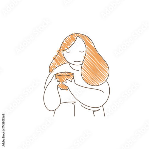 Woman with wavy hair drinking takeout coffee with closed eyes. Gentle satisfied smile and two handed hold convey deep relaxation, cozy beverage moment and peaceful coffee enjoyment