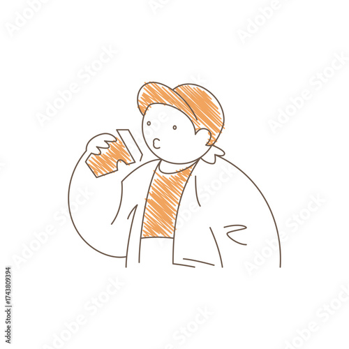 Man in a cap drinking takeout coffee while standing. Relaxed leaning back posture and content expression convey casual coffee break, urban style and simple beverage enjoyment. Line art illustration