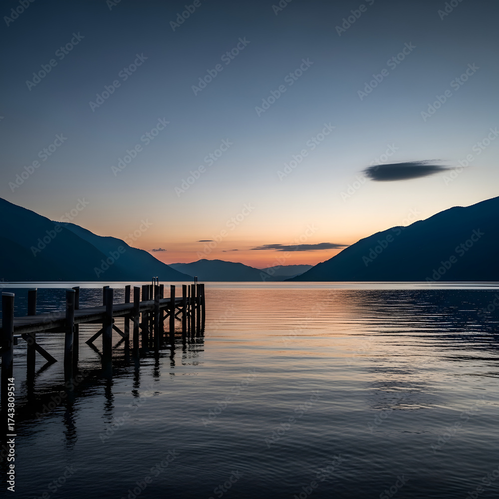 Fototapeta premium Wooden dock stretching into a tranquil lake at dusk with mountains afar