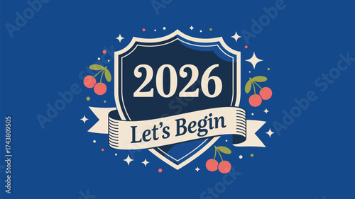 A festive design featuring the year 2026 on a shield with cherries and sparkling stars on blue background