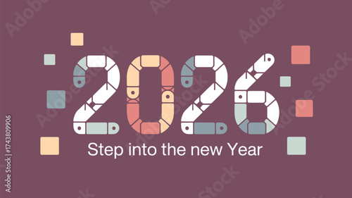 A stylized graphic of the year two thousand twenty six with geometric shapes on a purple background