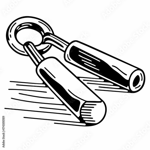 Illustration of two metal tools with handles and a ring connected, shown in black and white outline style