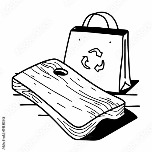 A wooden board with a hole and a paper bag with a recycle symbol in a black and white illustration