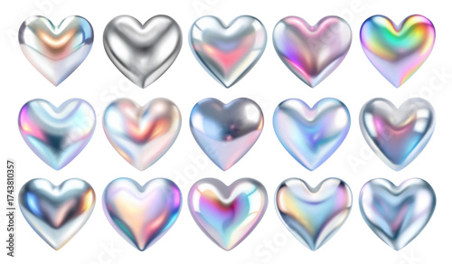 3d vector holographic chrome iridescent heart shape set. Silver metallic heart love symbol collection isolated on white background.
