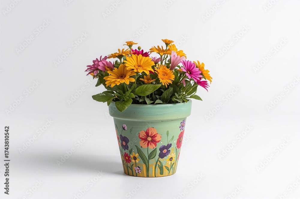 Fototapeta premium Decorated planter with floral design on a plain white surface