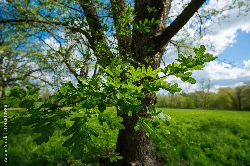 Obraz premium Wide-angle shot of fresh oak leaves in early spring on a tree