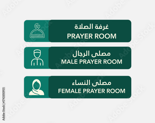 Set of Arabic and English prayer room sign boards including male and female sections. Features Islamic icons and bilingual text on green background. Ideal for mosques, airports, malls, and offices.