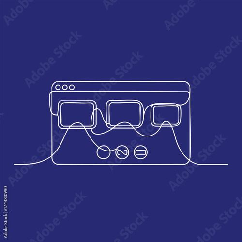 Minimalist Continuous Line Drawing of a Web Browser Window with Three Tabs and Control Buttons on a Solid Blue