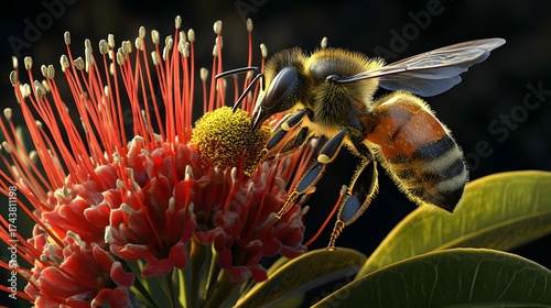 Detailed close up of a honey bee pollinating a vibrant red flower with pollen