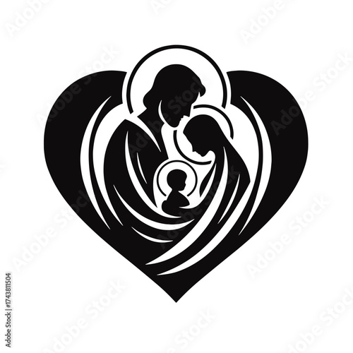 Holy family inside heart silhouette on transparent background