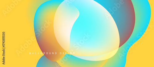 Abstract fluid shapes overlap, creating vibrant color gradients. Yellow background complements turquoise, orange, red hues. Modern design element.