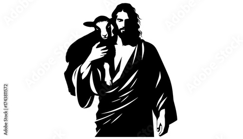 Jesus holding lamb on shoulders silhouette on transparent background
