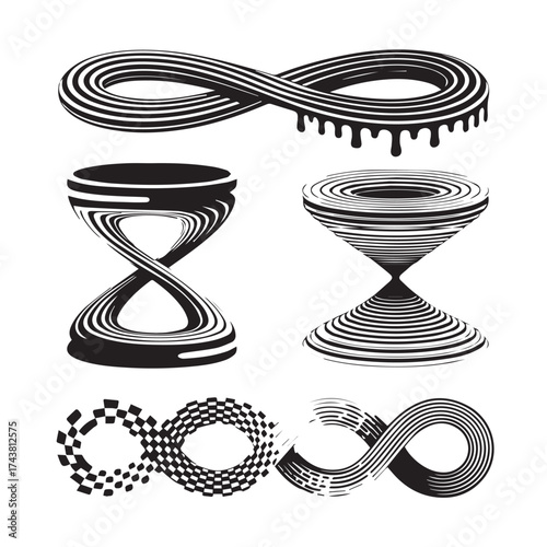 Abstract artistic representations of the infinity symbol in various stylized geometric and fluid forms with black and white contrast