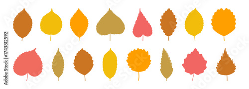 Set of simple autumn yellow, red, orange, brown leaves isolated on white background. Silhouette icons of flat leaves. Vector illustration