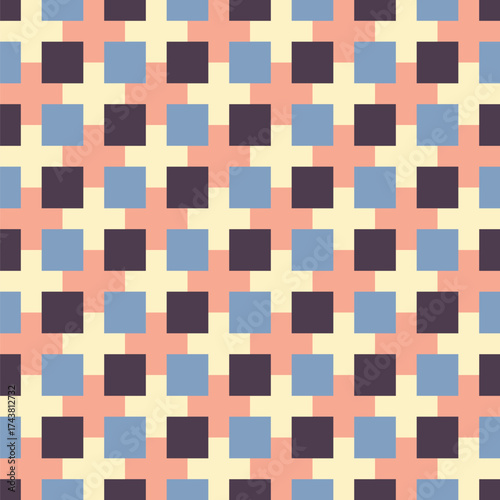 Pattern created from small blue and maroon squares on larger cream and peach squares