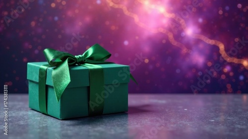A Beautifully Wrapped Emerald Green Gift Box with a Satin Ribbon Bow on a Dark Surface Against a Sparkling Purple Background