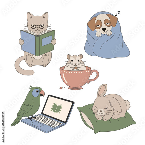 A charming collection of illustrated domestic pets including a cat, dog, hamster, parrot, and rabbit relaxing at home
