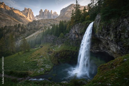 Scenic view of a waterfall nestled in mountainous terrain