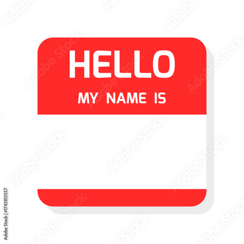 Hello my name is - introduction sticker template or name badge design for events. Red square name sticker vector.