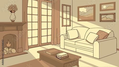 Cozy living room with fireplace and sofa bathed in sunlight, creating a peaceful and inviting atmosphere for relaxation and family time at home