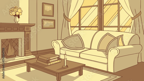 Cozy living room interior with fireplace, sofa, and warm lighting, a welcoming space for relaxation and comfort, perfect for home design inspiration