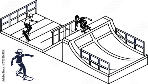 Dynamic skateboarding scene with skaters performing tricks on ramps, capturing the energy of youth sports and urban lifestyle, originally vector based art