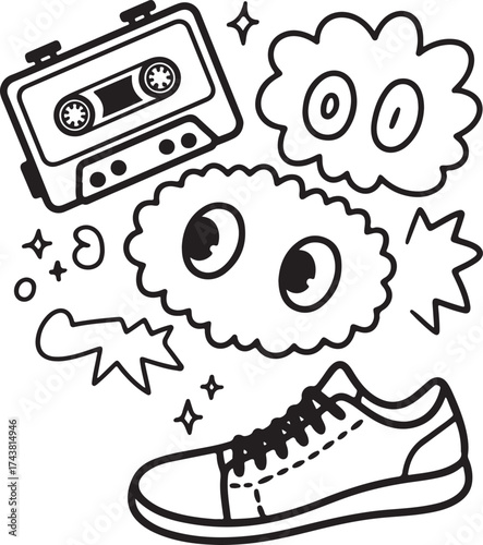 A charming black and white sketch of music, clouds, and shoes.