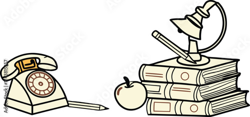 Cozy study scene with stacked books, vintage phone, apple, and lamp radiates warmth perfect for back to school promotions and educational content