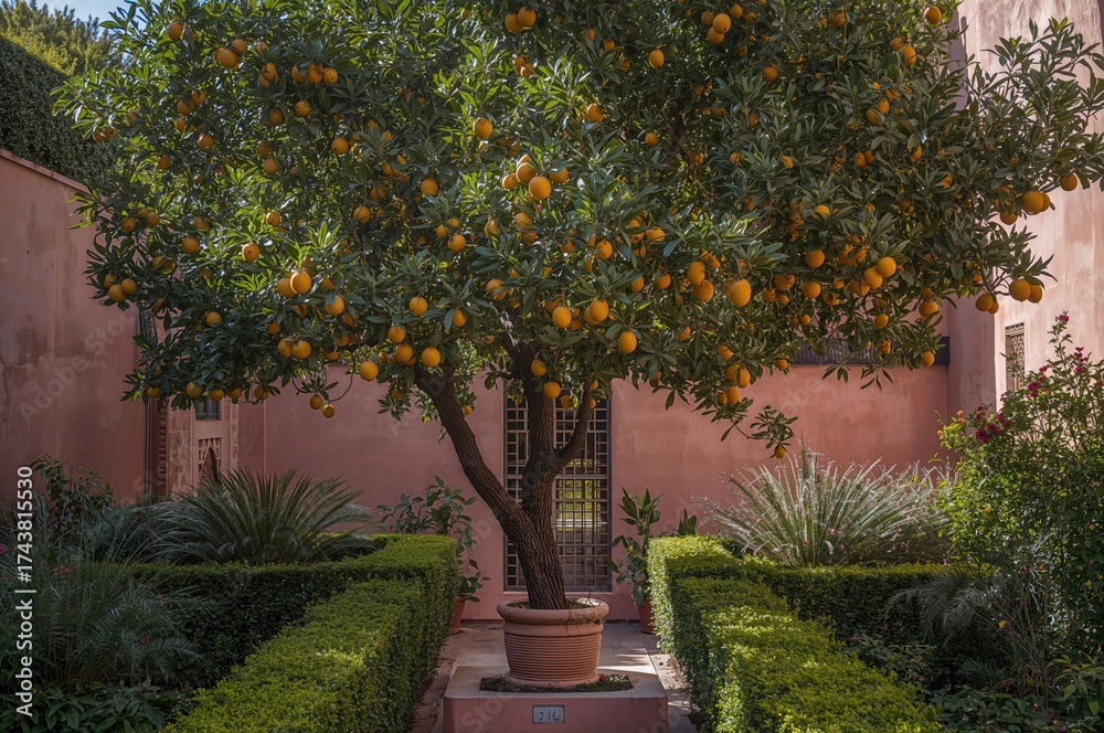 Naklejka premium Citrus tree growing in a historic garden within an ancient urban area in North Africa