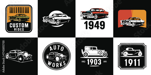 Vintage custom car logo collection with retro classic auto badges and typography for garage branding and t shirt design