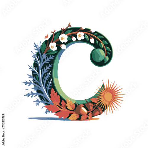 Artistic letter c adorned with lush green foliage delicate white flowers and autumnal leaves with a radiant sun emblem