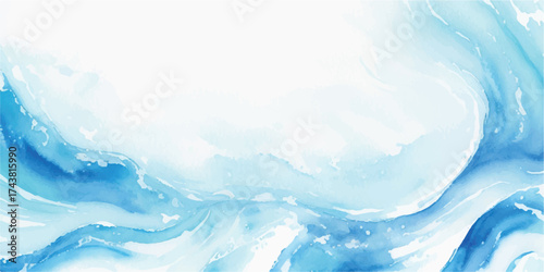 Abstract watercolor painting of a blue sea meeting the light blue sky