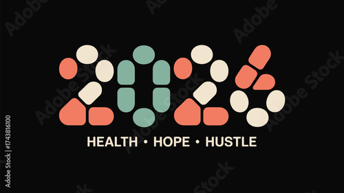 A stylized graphic of the year two thousand twenty four with health hope hustle text below it