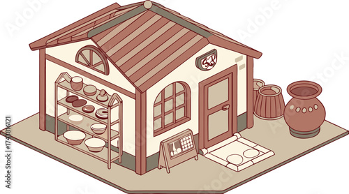 Charming pottery studio illustration, showcasing handmade ceramics and a rustic workshop aesthetic, perfect for creative projects and artistic ventures