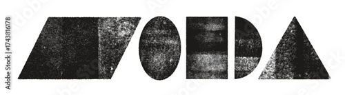 Grunge geometric shapes with linocut retro texture. Ink roller texture figures like oval, rectangle, semicircle and triangle. Hand drarwn vintage letterpress shapes, seals and badges.